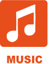 A white musical note icon on an orange square background with the word MUSIC in bold orange letters below, perfect for setting the vibe at your next Birthday Party or Catamaran Hire event.