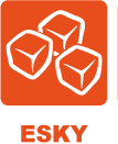 An orange square icon with three white ice cubes above the word ESKY in bold orange letters, perfect for your next Birthday Party Catamaran Hire.