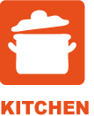 White silhouette of a cooking pot with a lid on an orange background, with the word KITCHEN in bold orange letters below—perfect for promoting birthday party catamaran hire events with a culinary twist.