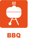 White icon of a hot grill with steam rising above it, on an orange background. Below the icon, bold orange letters spell BBQ—perfect for spicing up your birthday party or catamaran hire event.