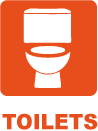 White toilet icon on an orange background with the word TOILETS in bold, white capital letters underneath, indicating the location of restroom facilities for Birthday Party Catamaran Hire events.
