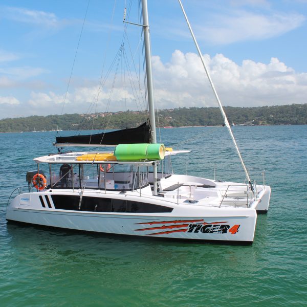 Tiger 4 catamaran cruising on the sparkling waters of Sydney Harbour, offering spacious and comfortable boat hire.