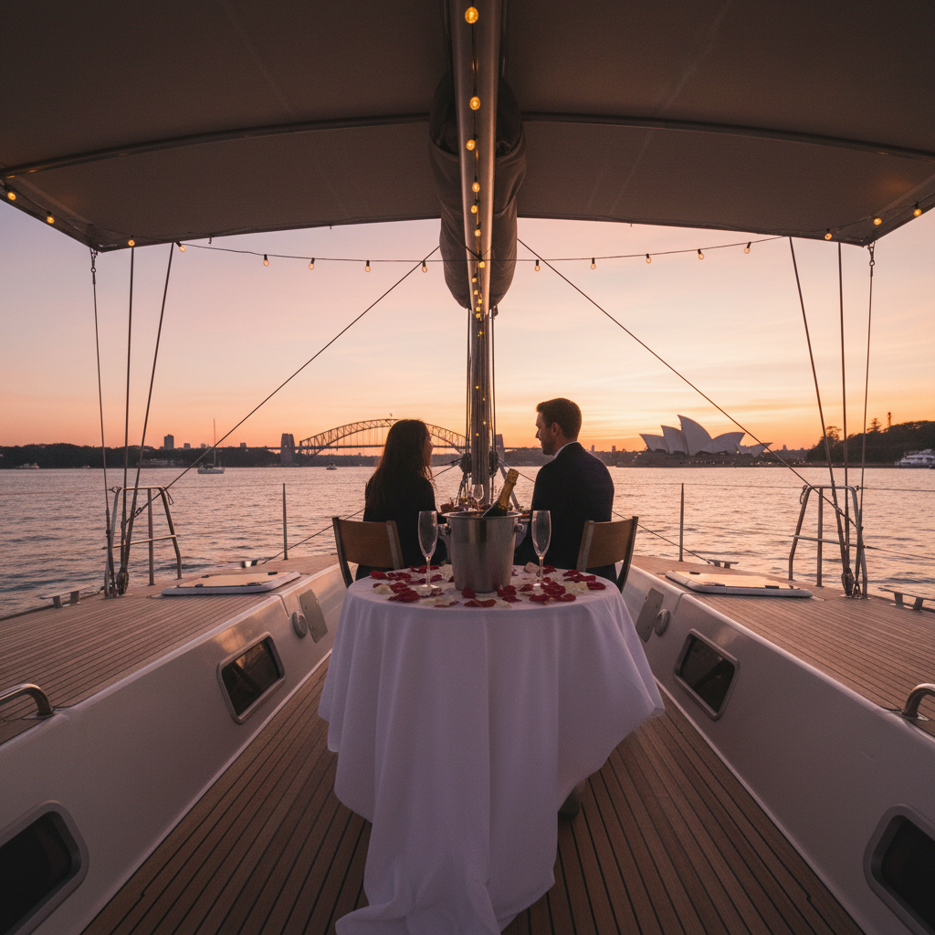 Anniversary Dinner Catamaran Anniversary dinner setup on catamaran Sydney