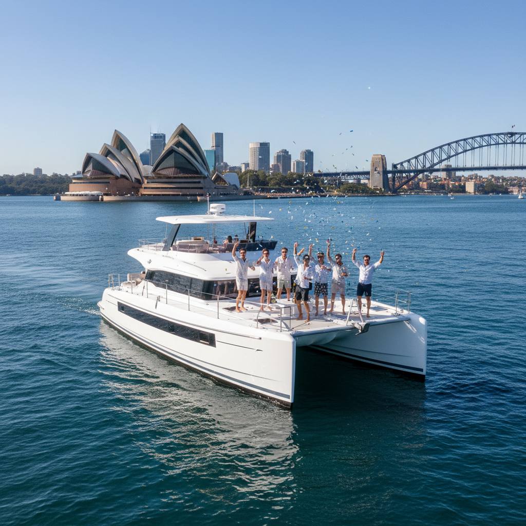 Bucks cruise Sydney Harbour — private catamaran passing Sydney Opera House with group of men celebrating on deck