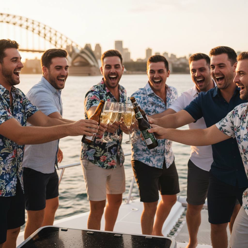 Bucks party boat hire Sydney — group of men clinking drinks on catamaran deck on Sydney Harbour