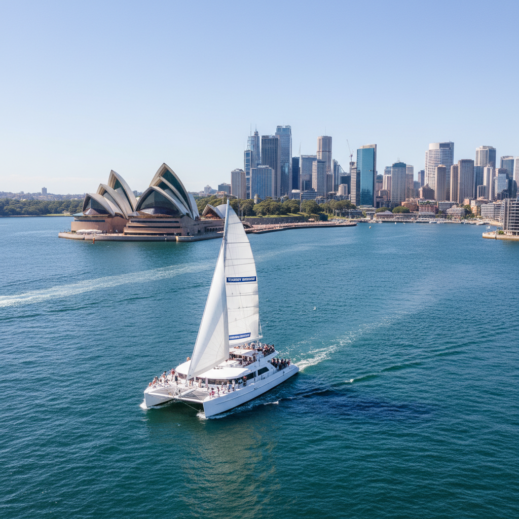 Catamaran hire sailing past Sydney Opera House on Sydney Harbour