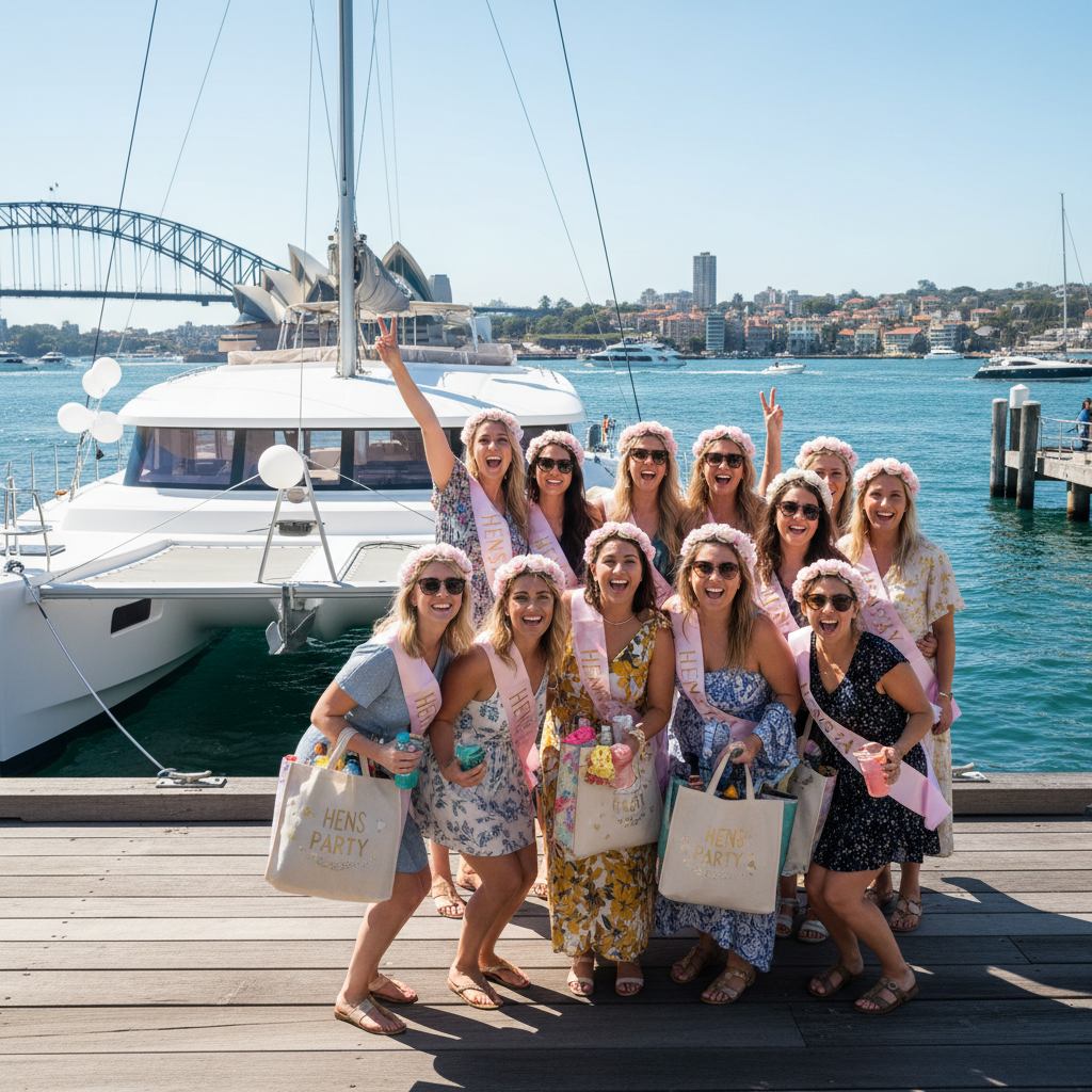 Hens party group boarding catamaran hire Sydney Harbour