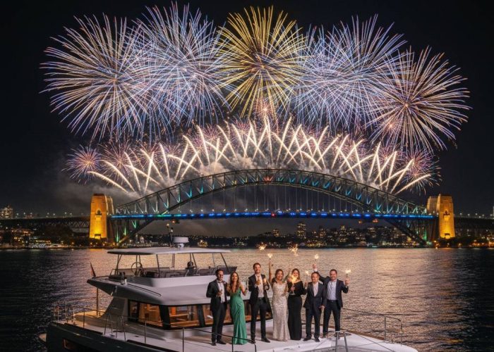 How to book a private boat for New Year's Eve in Sydney — Tiger Catamarans catamaran on Sydney Harbour with fireworks