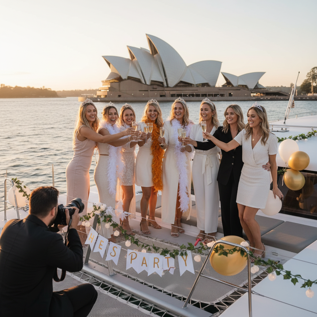Group celebrating on catamaran with Sydney Opera House visible from Manly