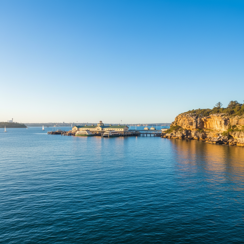 Manly Wharf and headland viewed from the water on Sydney Harbour