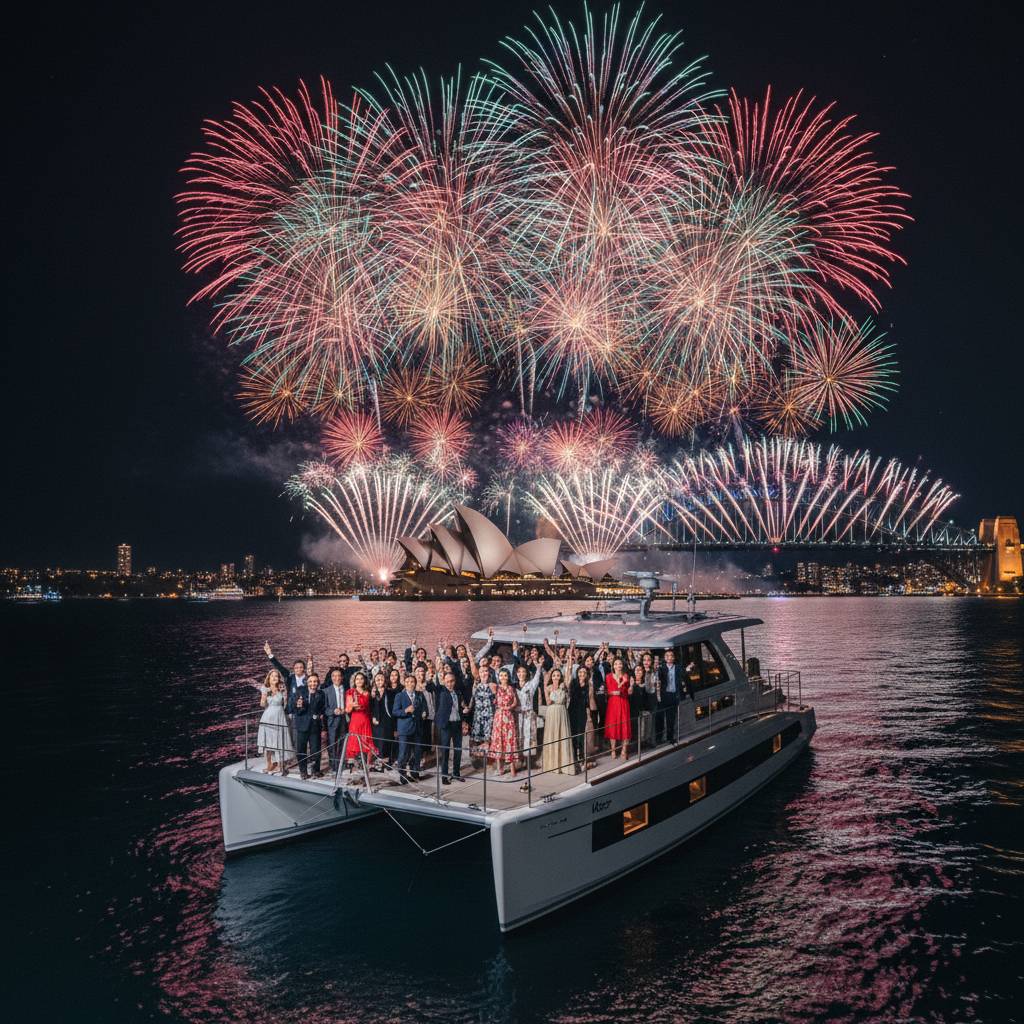 NYE catamaran hire Sydney Harbour — private boat watching fireworks over the Harbour Bridge