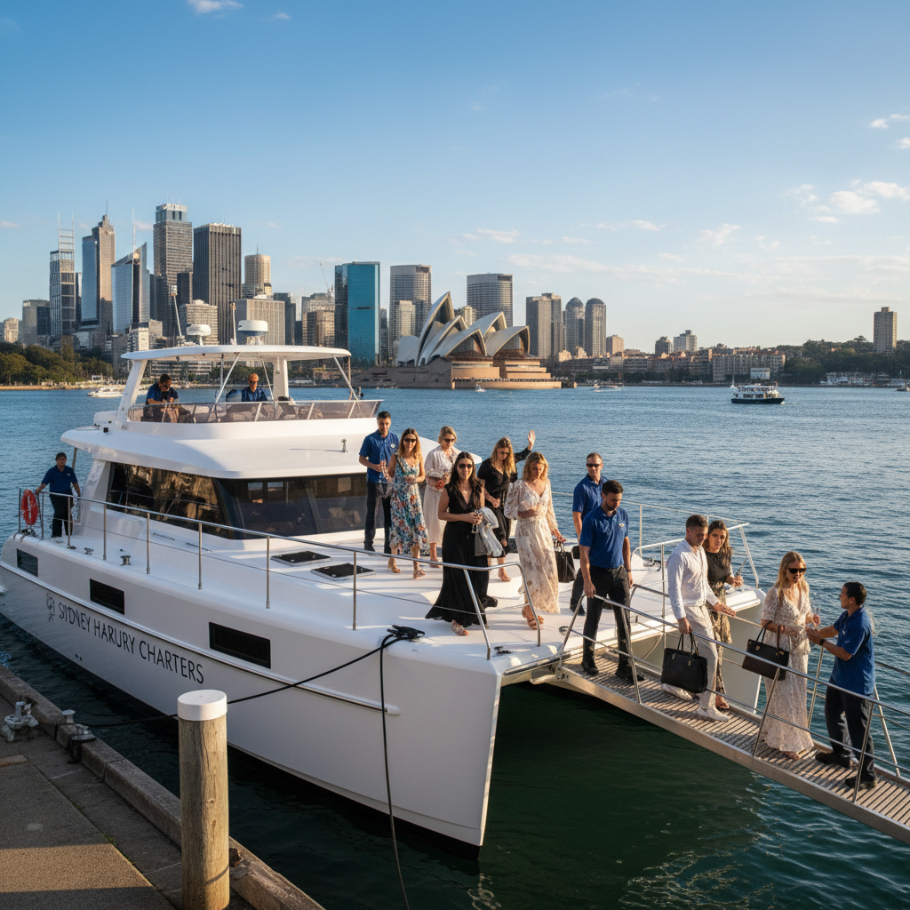 Private boat hire Sydney guests boarding at Circular Quay
