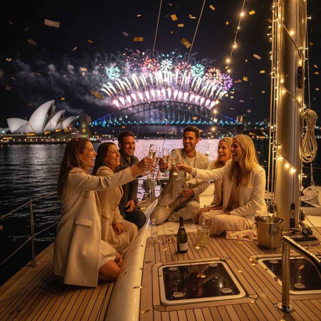 Private NYE boat hire Sydney — group celebrating on catamaran deck with Harbour Bridge fireworks behind them