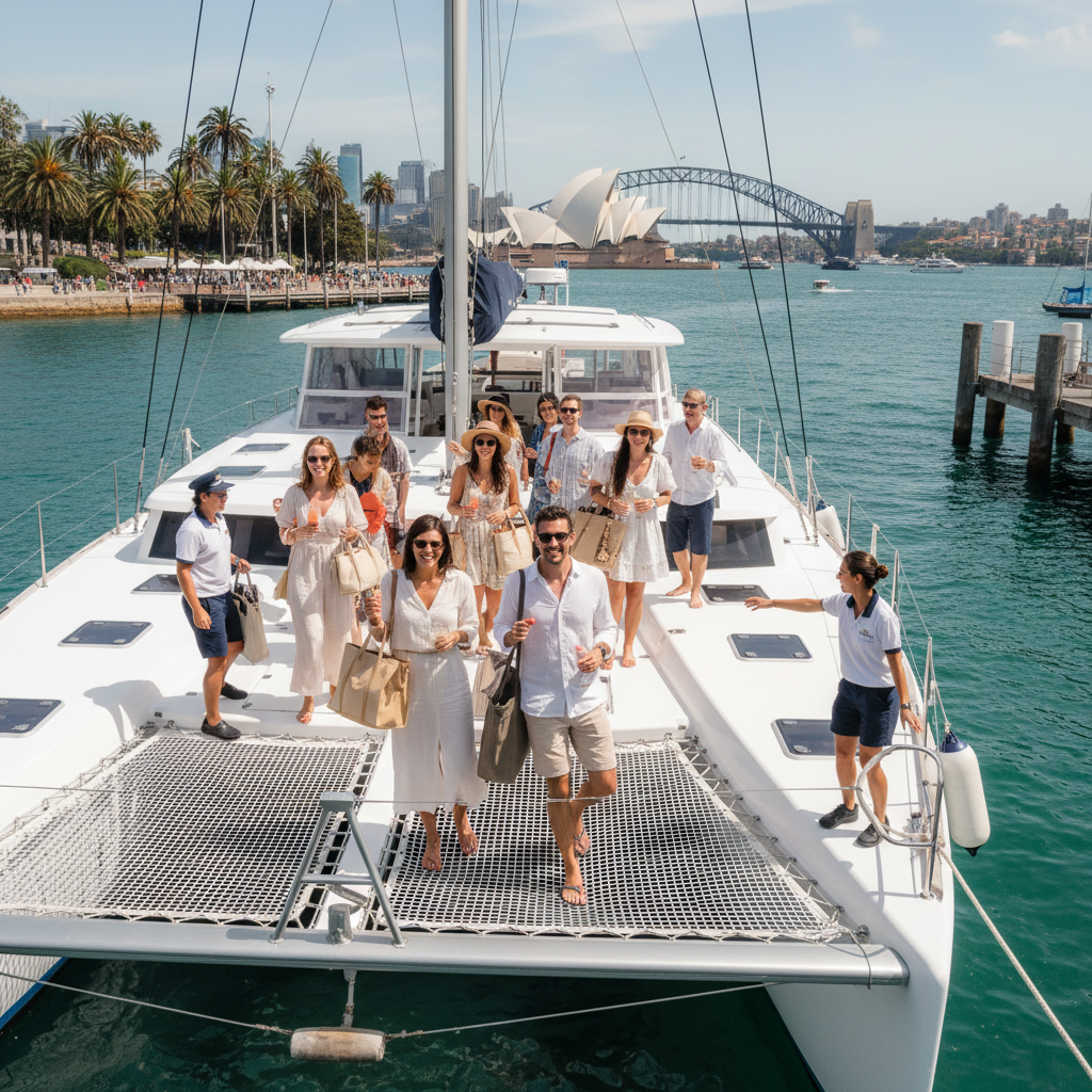 Excited group boarding a catamaran at Sydney Harbour wharf sunny day