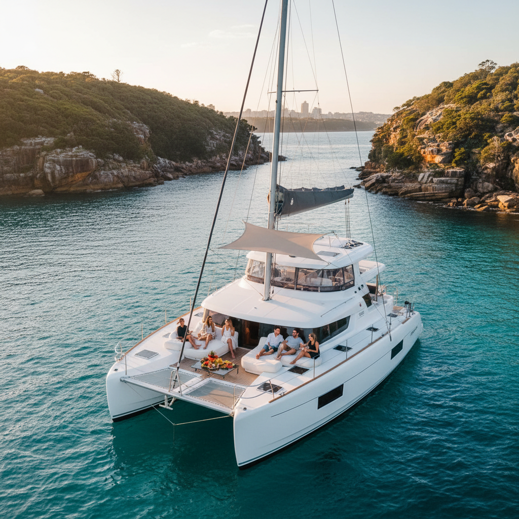 Luxury catamaran anchored in secluded cove on Sydney Harbour with bush-covered headlands
