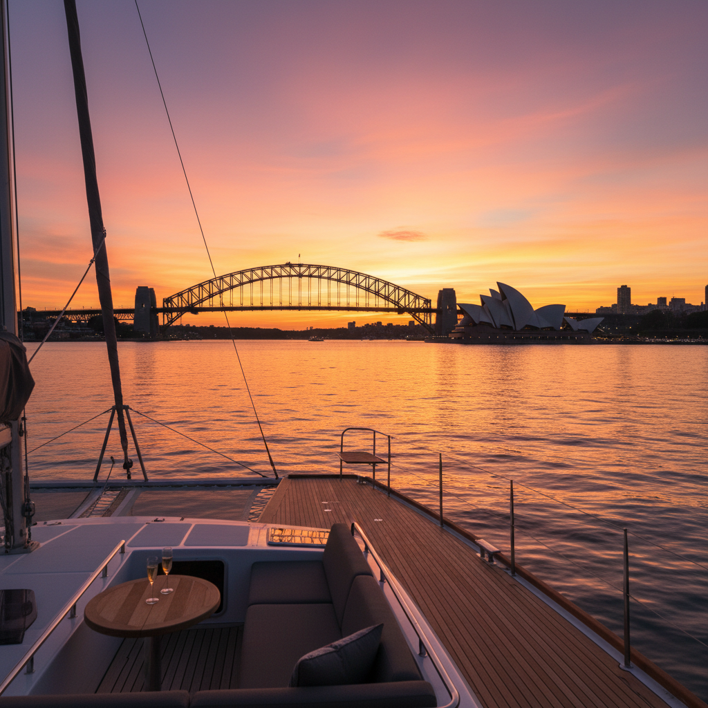 Sydney Harbour at sunset with Harbour Bridge silhouette warm orange light