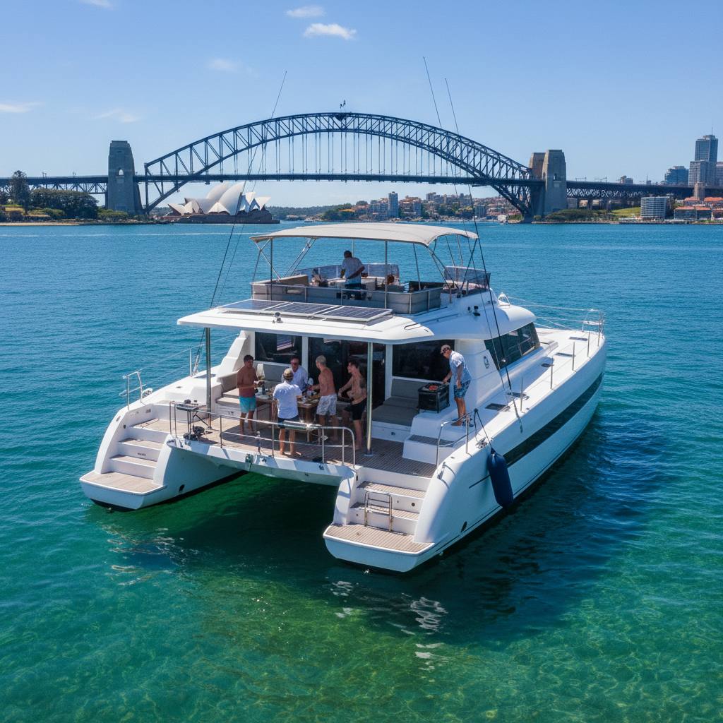 Sydney Harbour bucks cruise catamaran aerial view with Harbour Bridge