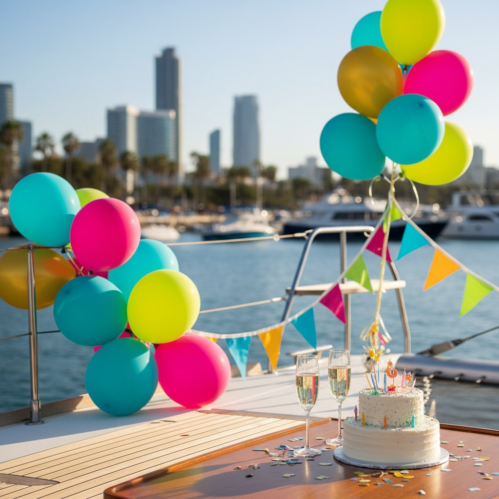 Birthday decorations on catamaran deck