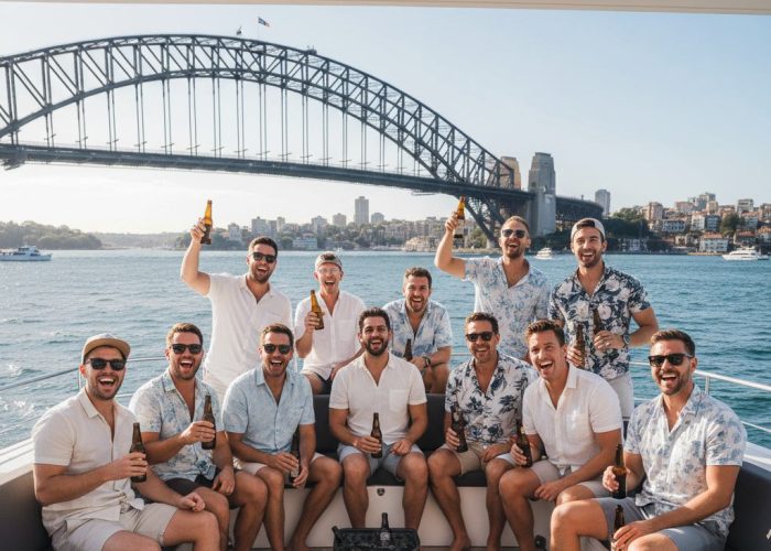 Bucks cruise Sydney Harbour catamaran deck men celebrating Harbour Bridge