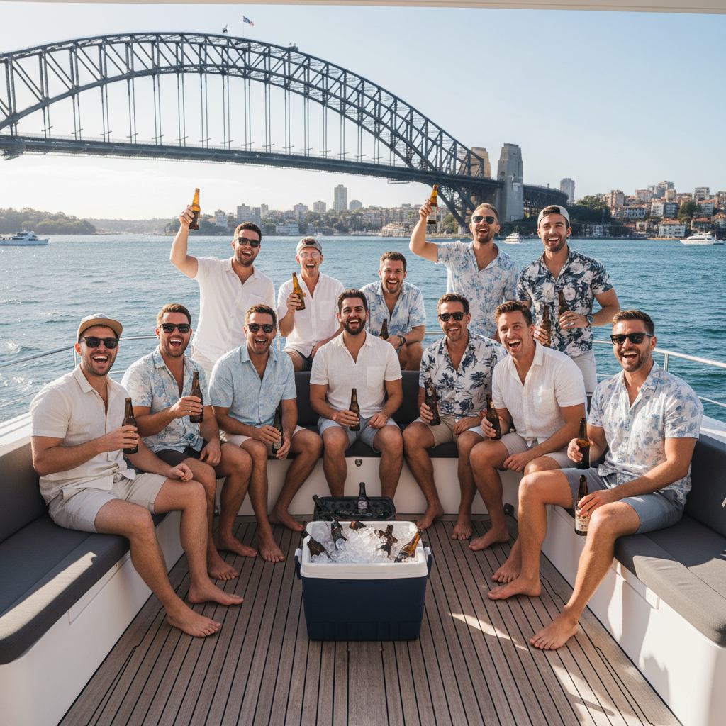 Bucks party boat Sydney Harbour catamaran deck group celebration