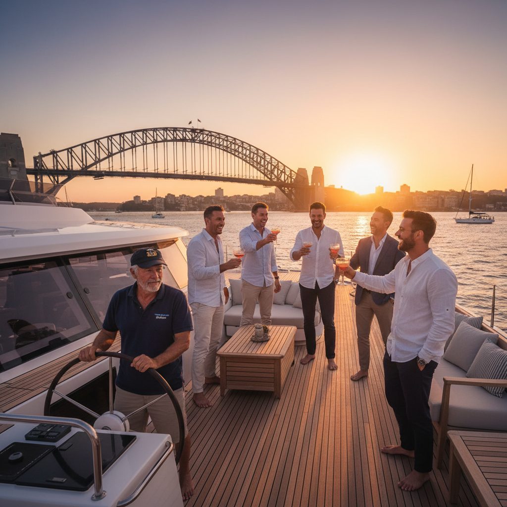 Bucks party boat Sydney Harbour sunset Harbour Bridge
