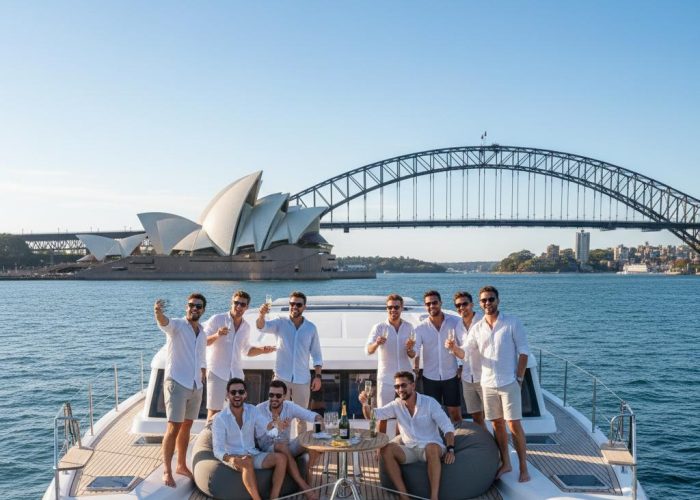 Bucks party catamaran on Sydney Harbour with Harbour Bridge views