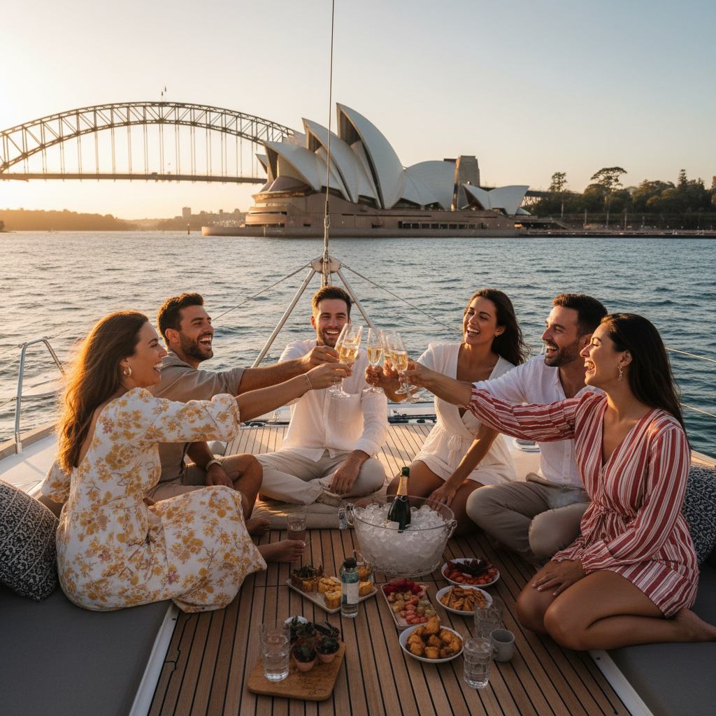 Group celebrating on private catamaran charter Sydney Harbour