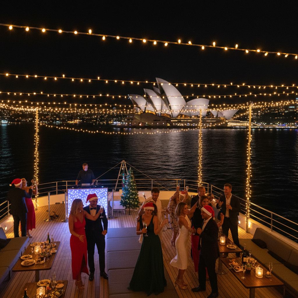 Christmas party boat hire Sydney Harbour night city lights Opera House