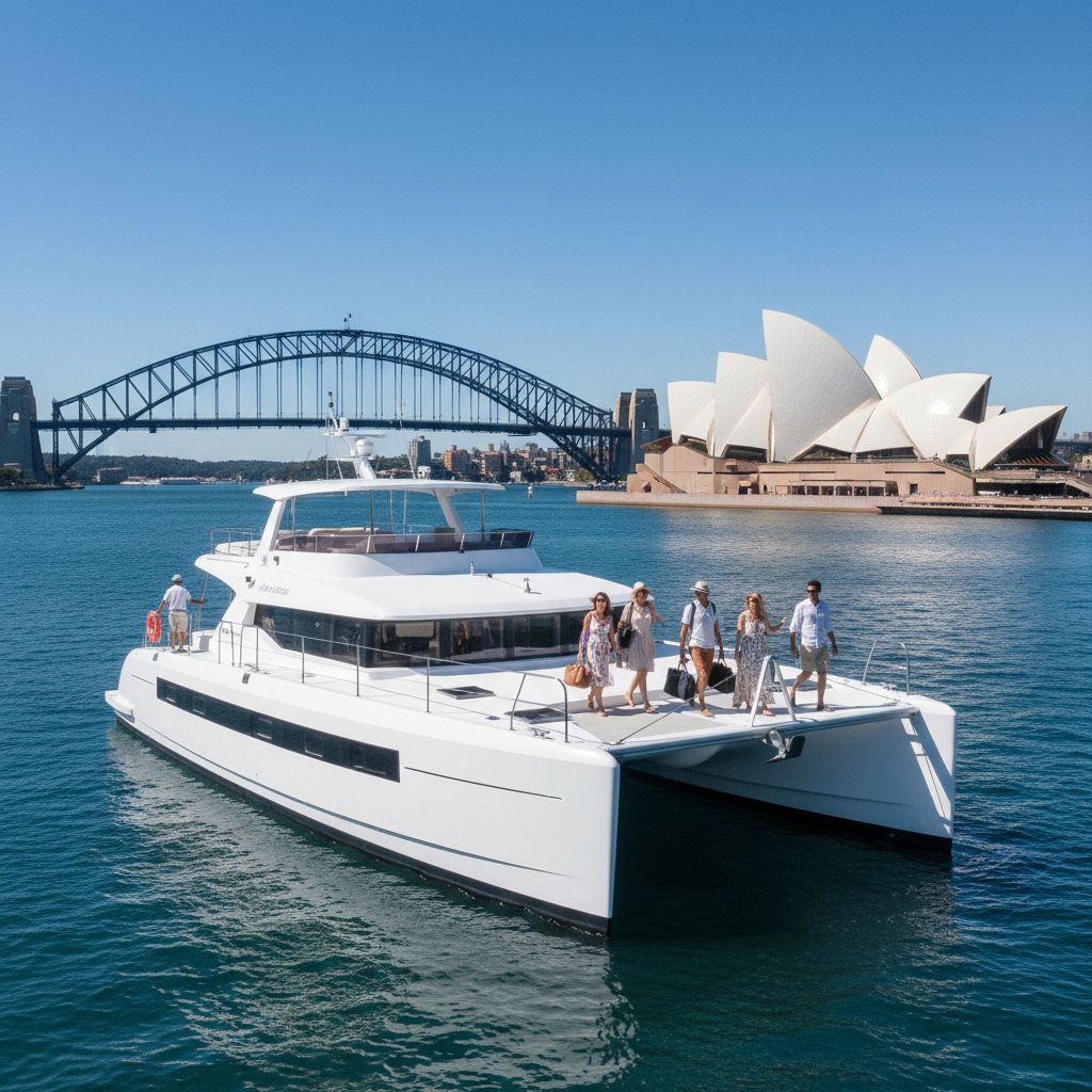 Catamaran docked at Circular Quay with Opera House