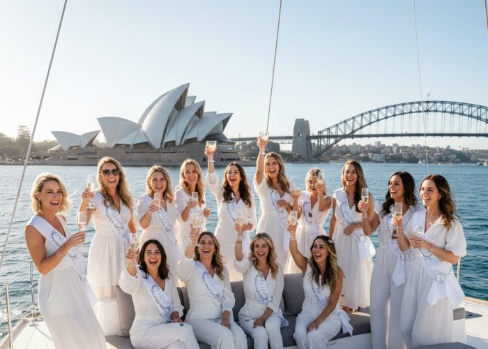 Hens party group on white catamaran Sydney Harbour with matching outfits