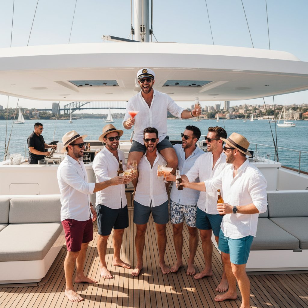 Bucks party celebration on catamaran deck