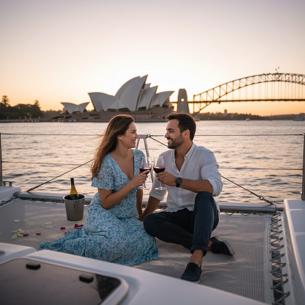 Romantic couple catamaran sunset Sydney Harbour
