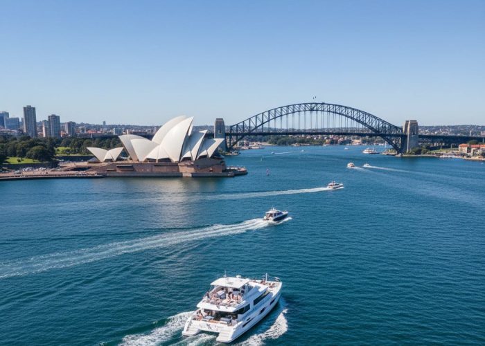 Sydney Harbour catamaran aerial view Opera House Harbour Bridge