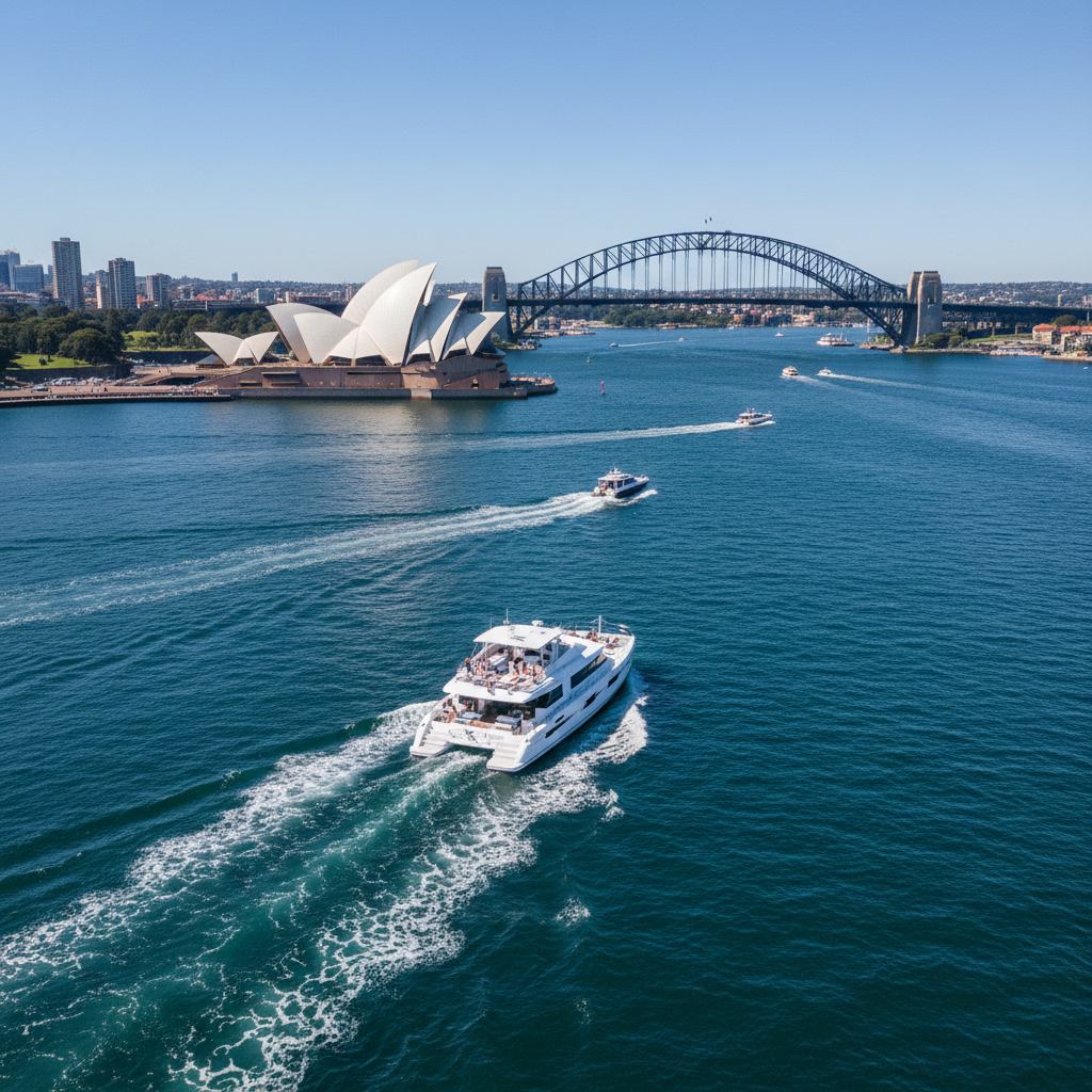 Sydney Harbour catamaran aerial Opera House Bridge