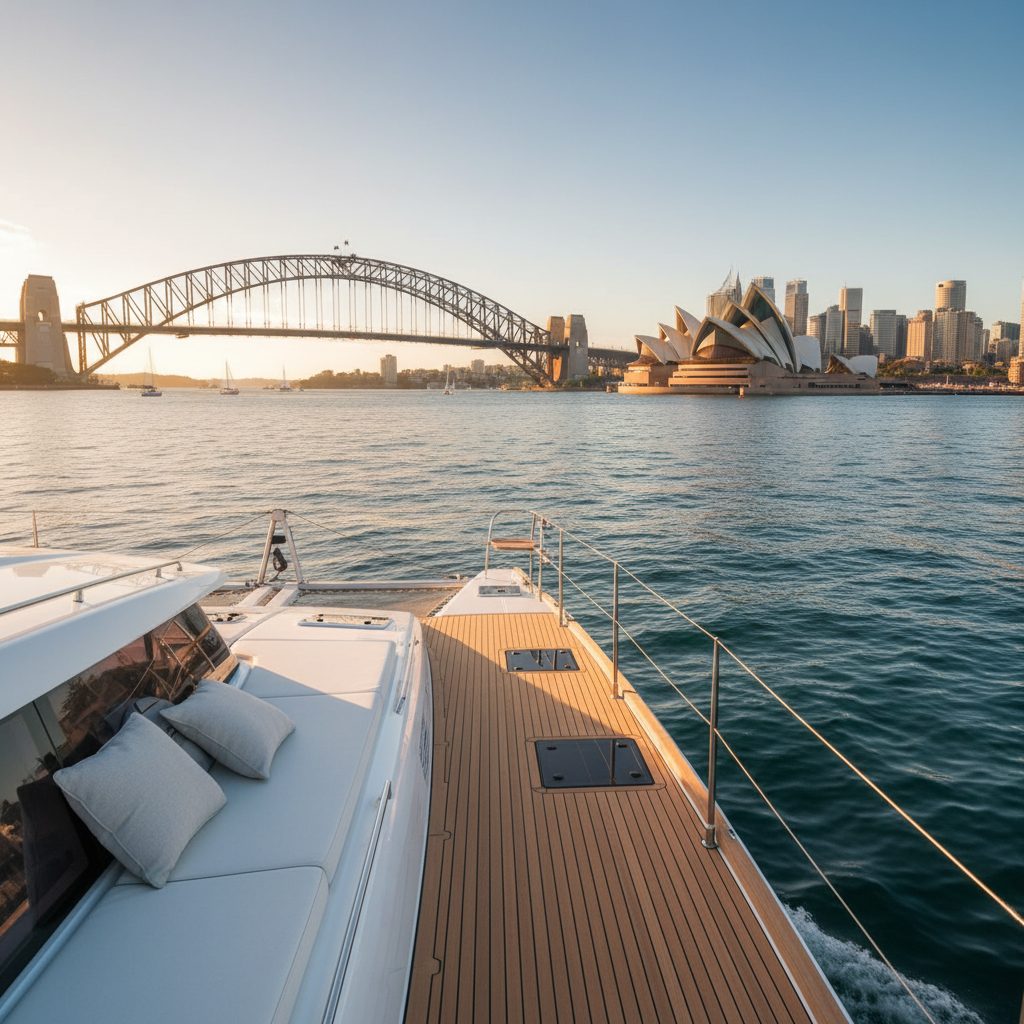 Catamaran sailing Sydney Harbour past Opera House and Harbour Bridge