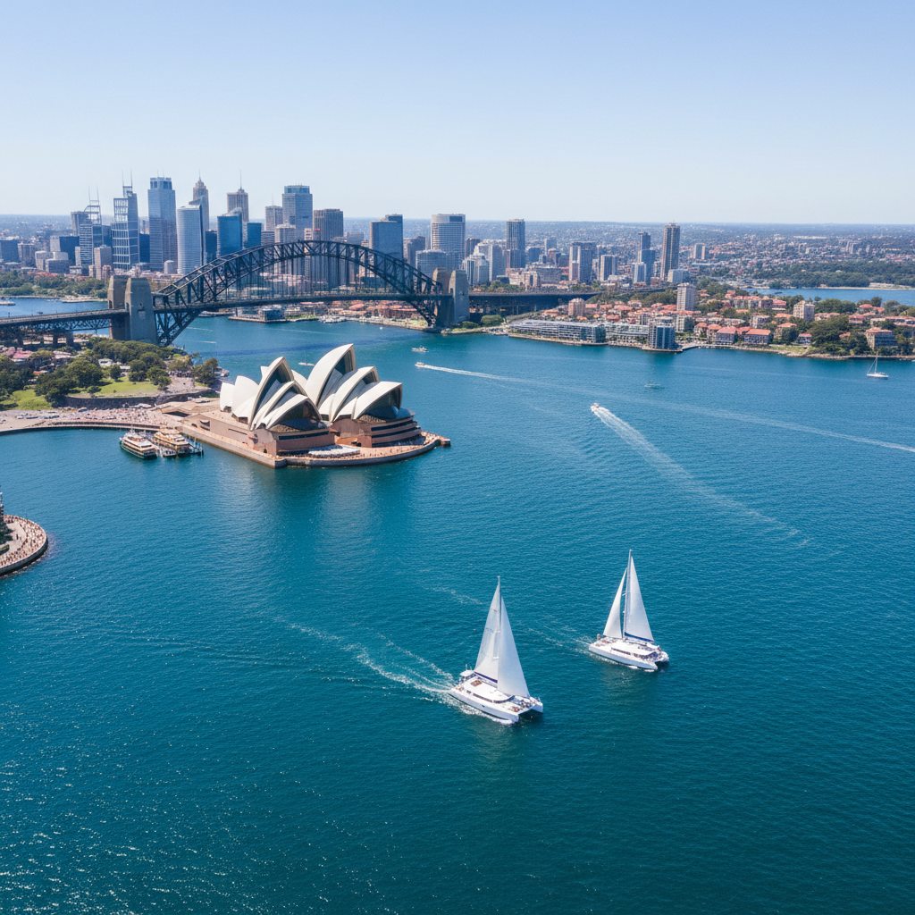 Sydney Harbour catamaran aerial view Circular Quay