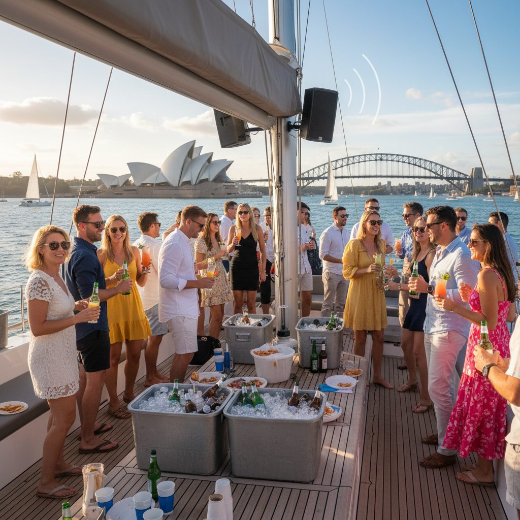Party on catamaran deck Sydney Harbour BYO charter