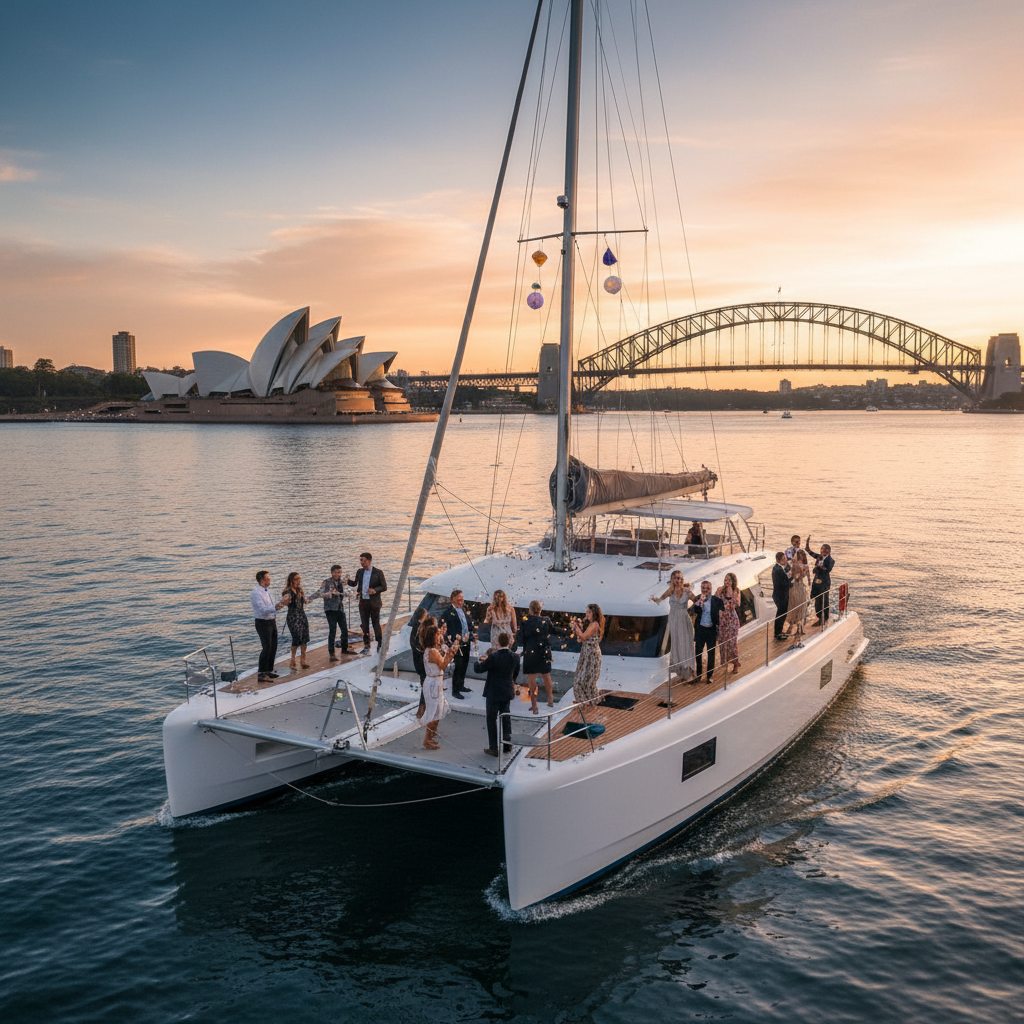 Party boat Sydney Harbour private hire Tiger Catamarans