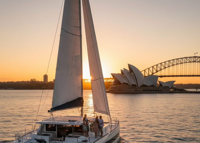 Sunset harbour cruise Sydney private catamaran Tiger Catamarans