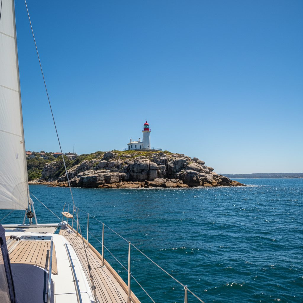 Watsons Bay headland lighthouse Sydney Harbour catamaran