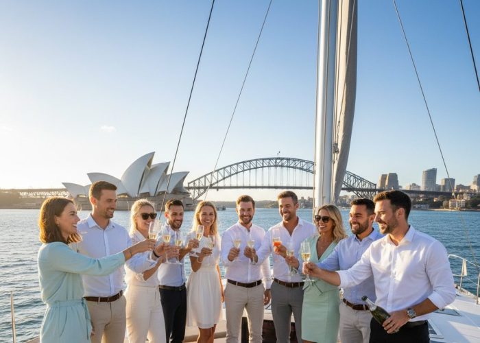 Work colleagues boat hire Sydney team event catamaran