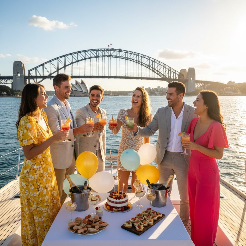 Birthday party celebration on a catamaran in Sydney Harbour