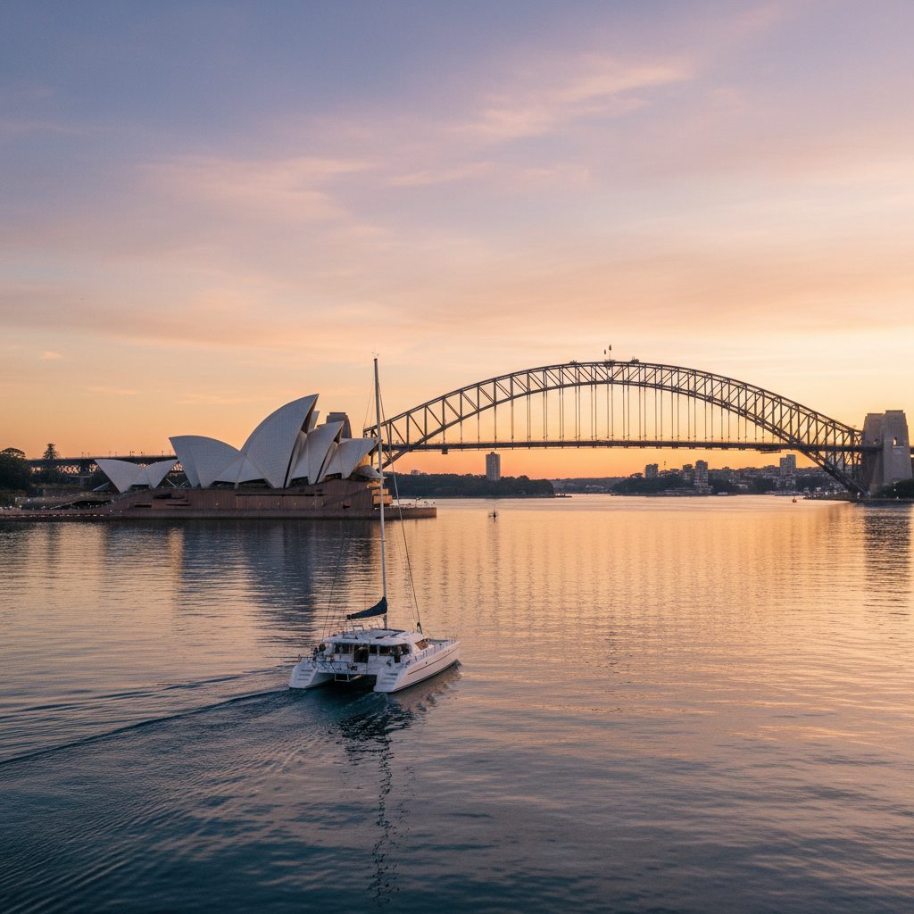 Sydney Harbour Bridge and Opera House from catamaran