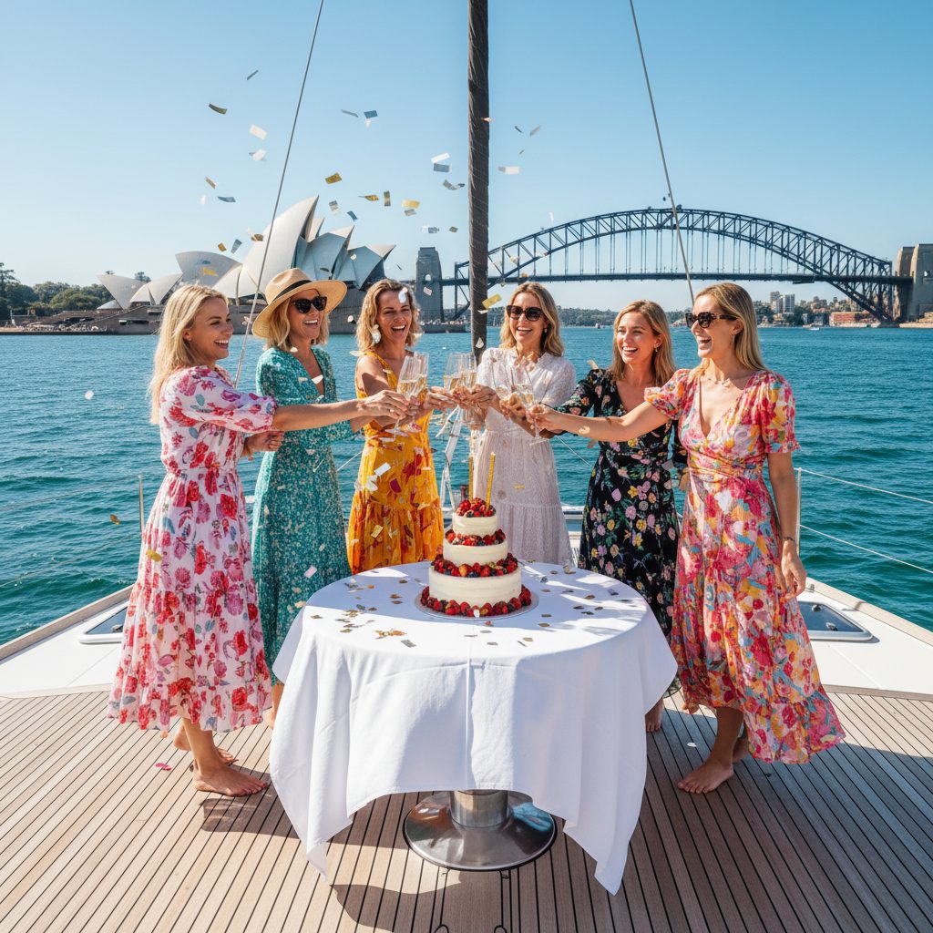 Birthday party group on Sydney Harbour catamaran