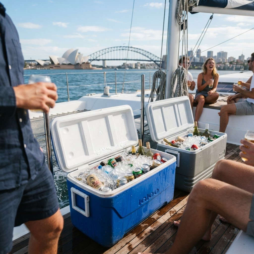 Eskies and drinks on catamaran deck