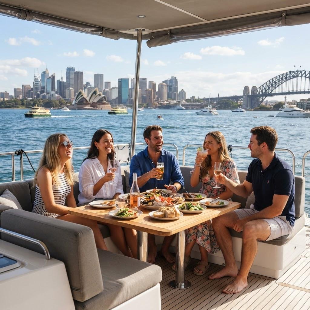 Friends enjoying food and drinks onboard catamaran