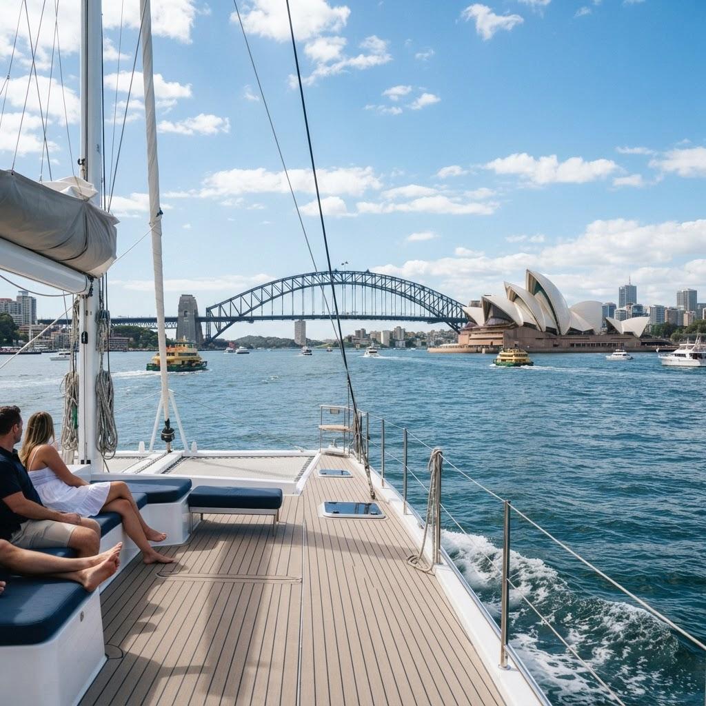 Sydney Opera House and Harbour Bridge from catamaran deck