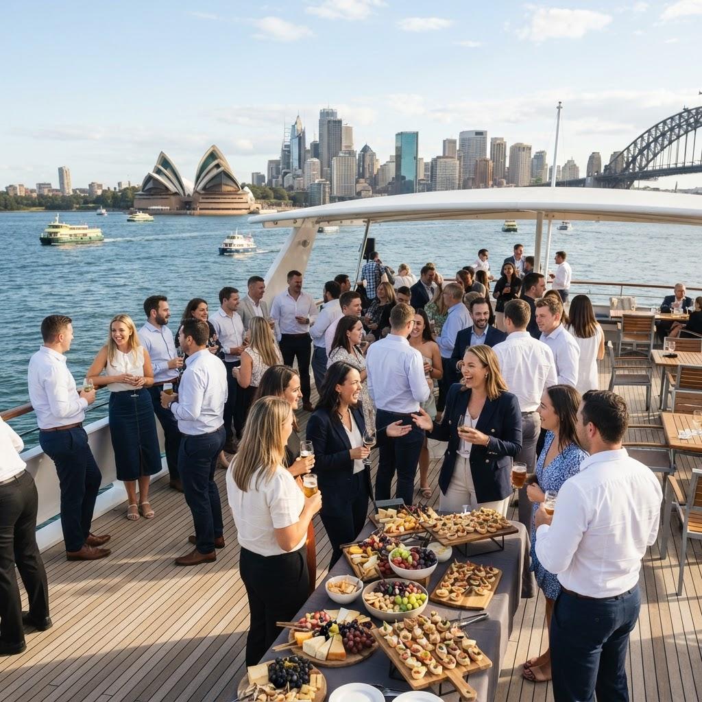 Corporate group enjoying a 40-person catamaran charter