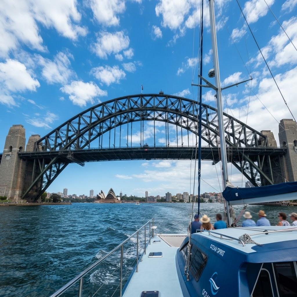 Sydney Harbour Bridge viewed from the water on a catamaran
