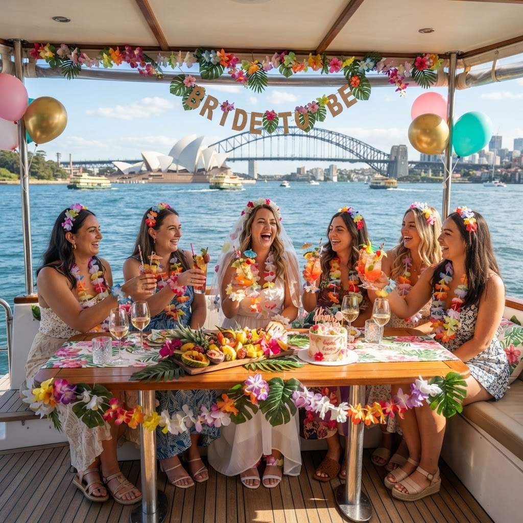 Tropical themed hens party setup on boat deck